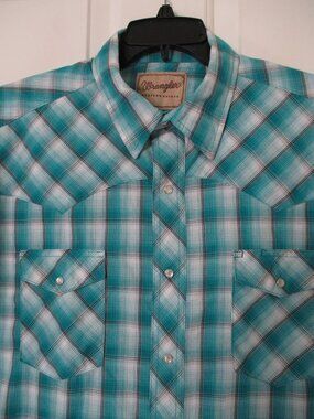 Wrangler Mens S/S Aqua Blue Cotton Western Pearl Casual Shirt - Size XL